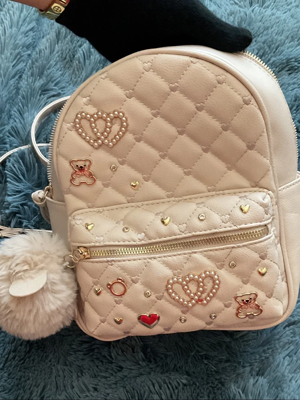 Under One Sky Cream Quilted Heart & Teddy Mini Backpack